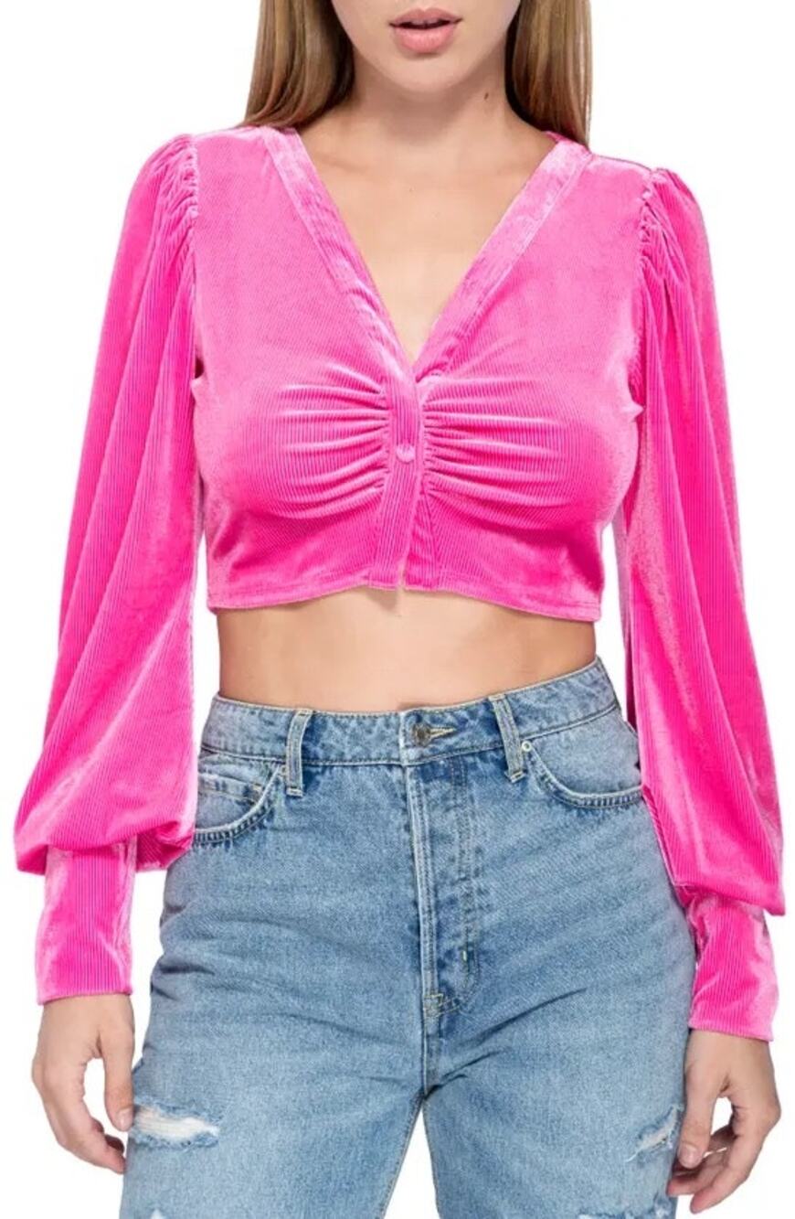 AFRM Fuchsia Pink Rib Velvet V-Neck Crop Top NEW Size Medium